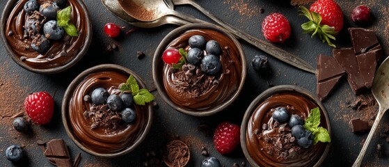 Fototapeta premium Delicious chocolate mousse served in elegant bowls topped with fresh berries and mint showcasing an exquisite dessert experience. Generative AI