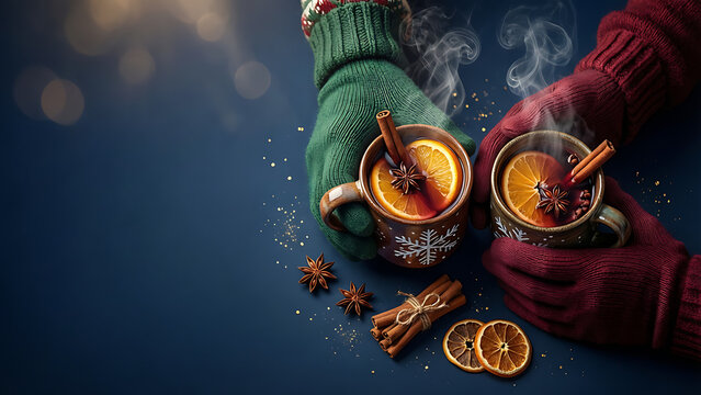 Mains gant&eacute;es tenant des tasses de vin chaud fumant avec oranges, cannelle et badiane, concept festif d'hiver sur fond bleu fonc&eacute;