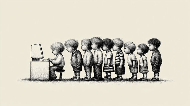 Classroom of Children Sharing One Old Computer While Others Wait Behind Them Digital Divide Unequal Access to Technology Ink Illustration

