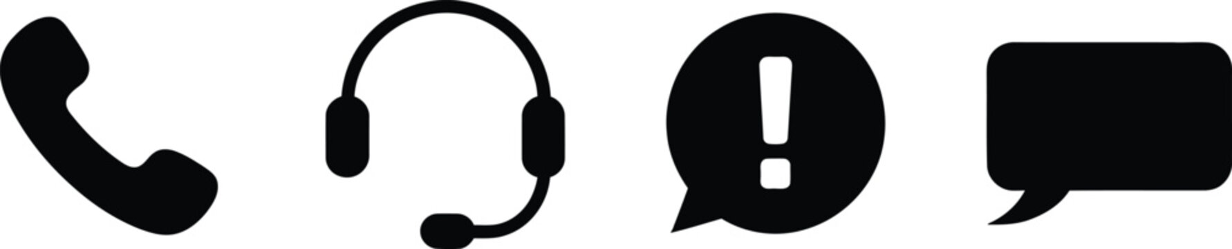 Customer service call center and support communication icon set with telephone headset exclamation chat bubble.