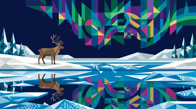 A stylized geometric illustration of a reindeer by a frozen lake under a vibrant aurora borealis in a winter landscape.
