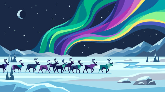Stylized illustration of reindeer walking across a snowy arctic landscape under a vibrant aurora borealis and a crescent moon at night.