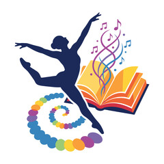 Dancing ballerina silhouette with music notes and colorful swirl emanating from an open book vector illustration. © Vectonic Wave