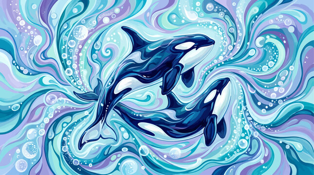 Two majestic killer whales swimming gracefully amidst swirling blue and purple ocean currents with bubbles, depicted in a vibrant artistic style.