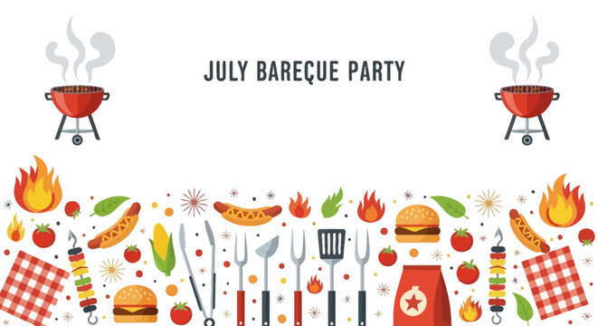 July Barbecue Party Illustration with Grilled Food and Cooking Utensils