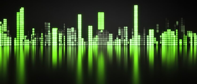 Digital green sound wave visualization with reflections and glow