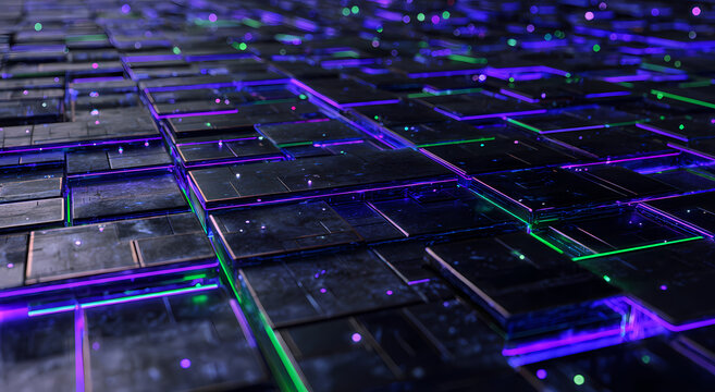 Gros plan d'un circuit imprim&eacute; futuriste lumineux, fond abstrait pour concepts technologiques, cybers&eacute;curit&eacute; et intelligence artificielle