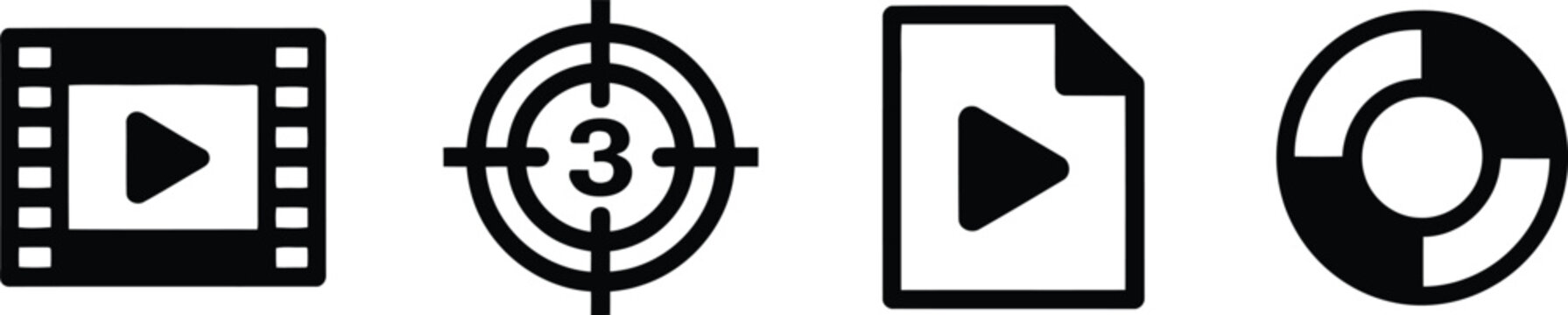 Video production and multimedia cinema icon set with film frame countdown target play file and lifesaver help.