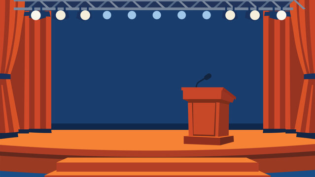 Empty theater stage with wooden podium microphone and red curtains in flat vector style