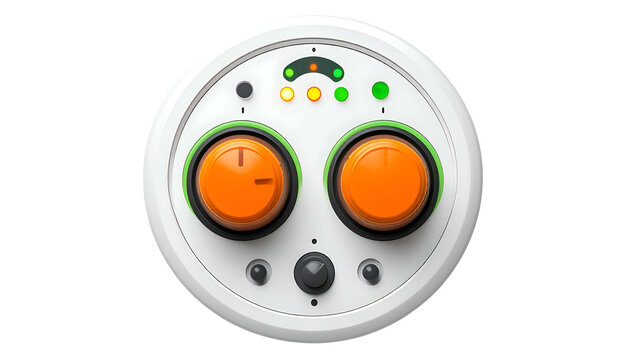 Round white panel with knobs and indicator lights, on black background