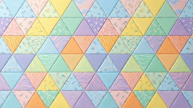 Pastel triangle patchwork quilt with floral stripes dots in pink blue yellow