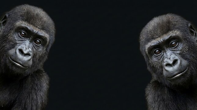 Two curious gorillas with dark fur and intelligent eyes peer into the frame against a stark black background.