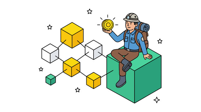 A digital miner sits on a blockchain cube holding a cryptocurrency coin, illustrating the concept of crypto mining and decentralized finance.