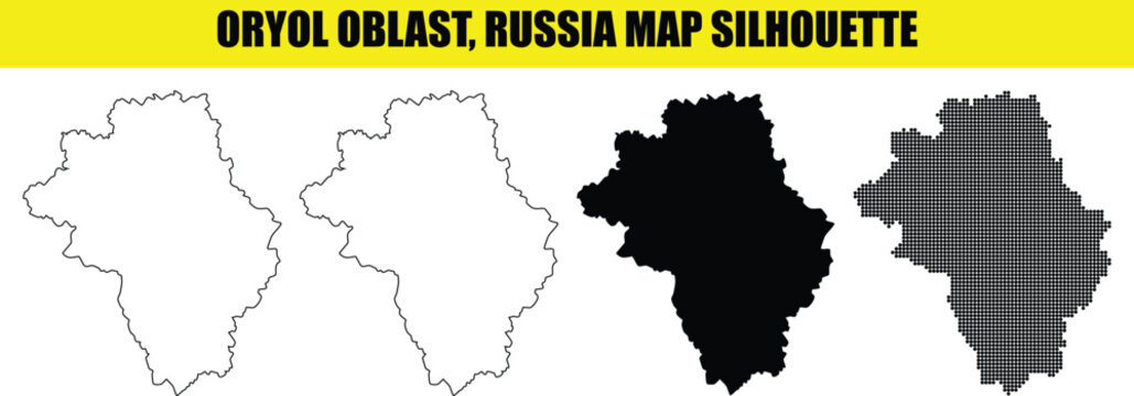 Oryol oblast russia map silhouette set providing solid outline and dotted texture variations for presentations.