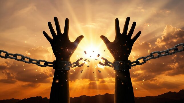 Broken chains on human hands silhouetted against sunset, concept of freedom and liberation, manacles snapping under golden sun rays, end of slavery