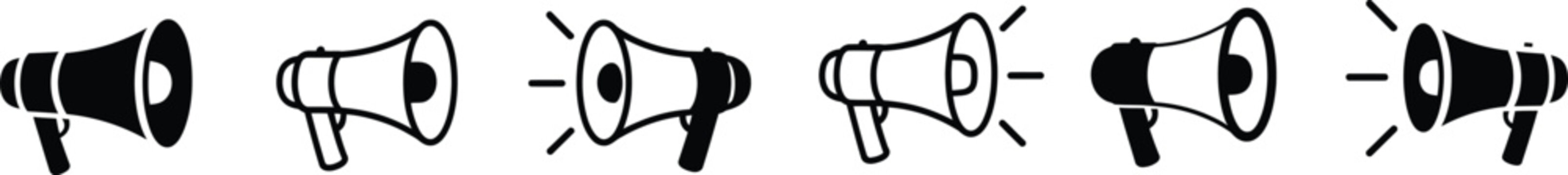 Megaphone and loudspeaker icon set featuring audio broadcast amplifier symbols isolated on white background vector illustration