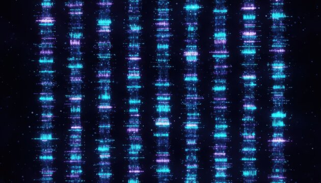 Vertical lines of digital data matrix showing blue and purple neon lights representing genetic code sequence