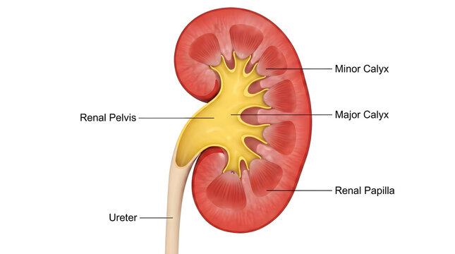 Detailed anatomical cross-section of a human kidney, illustrating key internal structures for urinary system understanding and medical education