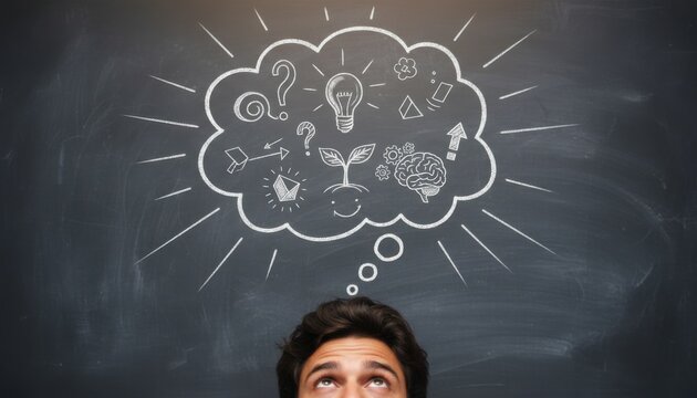 Young man looks upward at various chalk ideation symbols inside thought bubble on dark blackboard background