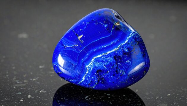Polished oval cabochon of rich blue azurite malachite showing natural concentric banding patterns on dark reflective surface