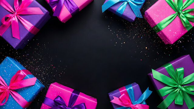 Vue de dessus de bo&icirc;tes cadeaux color&eacute;es avec rubans sur fond noir paillet&eacute;, concept festif, espace copie au centre