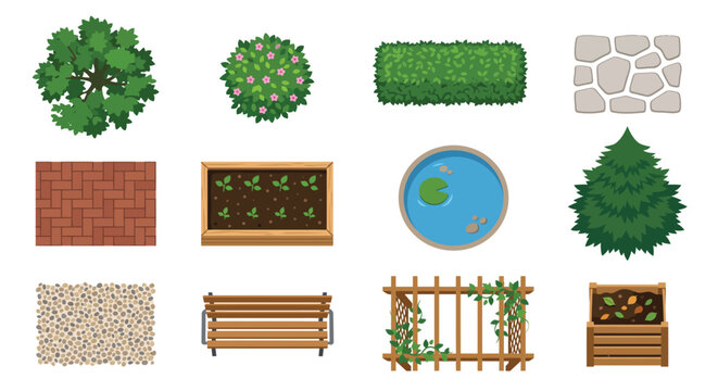 garden elements top view vector illustration on white background