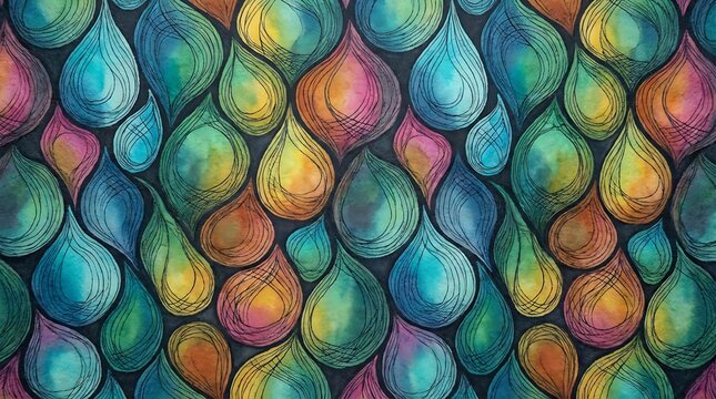 Watercolor teardrop pattern with black line art in teal orange pink yellow