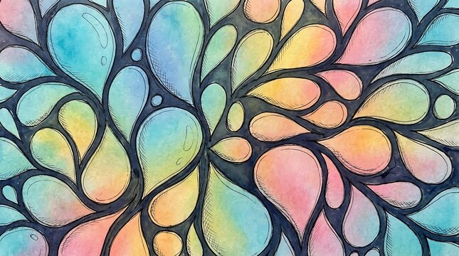 Watercolor teardrop leaves with ink outlines in pastel teal pink yellow art
