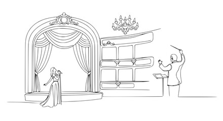 Opera Singer Performs on Stage with Conductor Directing Orchestra in Elegant Theater © Kaleng