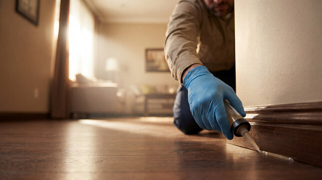 pest control specialist applying gel bait baseboard cockroach treatment insect management professional technician using syringe applicator to eliminate roaches in home for effective pest prevention
