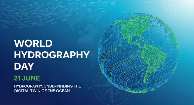 World Hydrography Day Poster with Earth Globe and Water Background