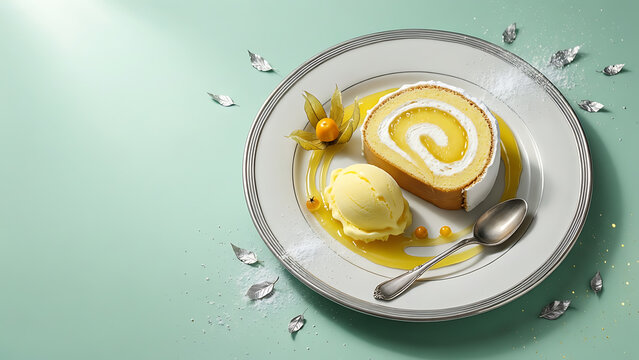 Dessert gourmand : part de g&acirc;teau roul&eacute; au citron avec glace vanille, physalis frais et sauce citron, pr&eacute;sentation &eacute;l&eacute;gante