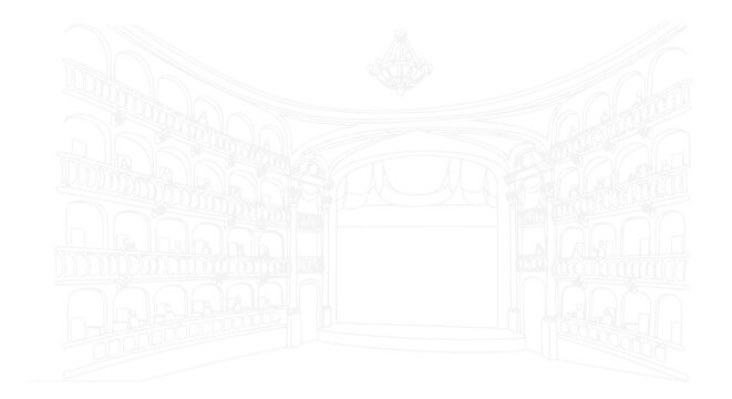 Elegant Opera House Interior Sketch: Stage, Balconies, and Chandelier