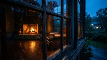 Fototapeta premium Cozy interior view through a rainy window at twilight featuring a glowing stone fireplace and comfortable leather armchair in a rustic cottage.