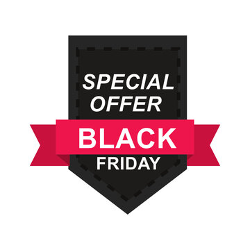 Black friday special offer badge pixelated shield with red ribbon isolated on transparent background