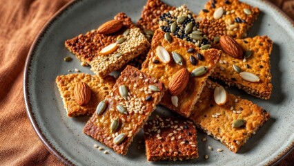 Fototapeta premium Almond topped crackers arranged on plate with napkin