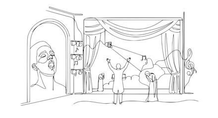 Abstract Line Art: Opera Singer, Orchestra, and Stage Performance © Kaleng
