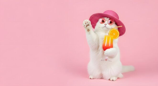 Funny White Cat Wearing Pink Hat and Sunglasses Holding Tropical Cocktail Drink on Pink Background with Copy Space, Summer Vacation Concept