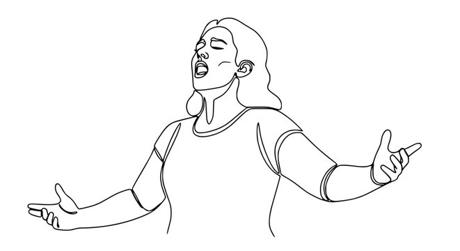 Woman singing opera, one line drawing, expressive gesture, open mouth, closed eyes, joy, passion