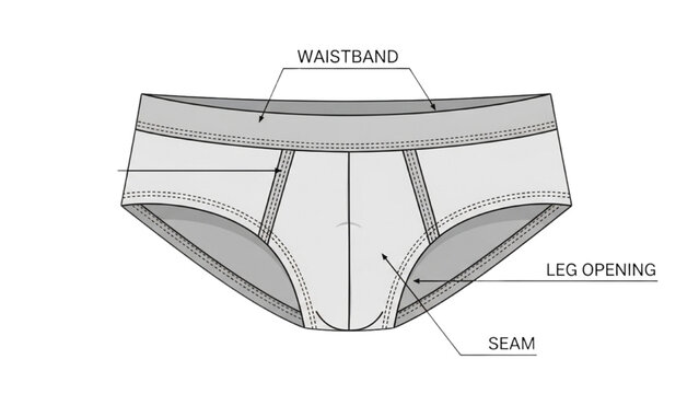 Detailed illustration of men's briefs highlighting waistband, seam, and leg opening