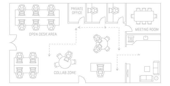 Coworking office people top view layout and flow.