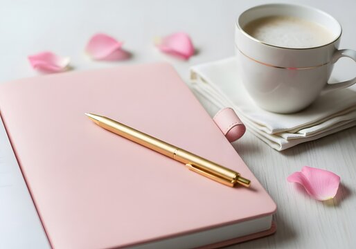 Photo of a pink notebook with a golden pen and a cup of coffee, surrounded by rose petals on a white table