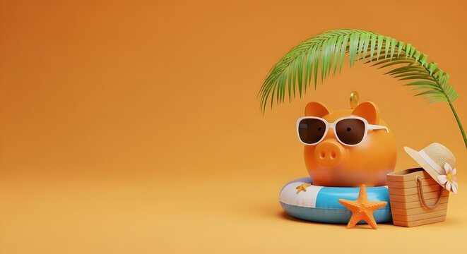 Cute Orange Piggy Bank Wearing Sunglasses on Inflatable Ring with Starfish Basket Hat and Palm Leaf on Orange Background, Summer Savings Travel Budget Concept