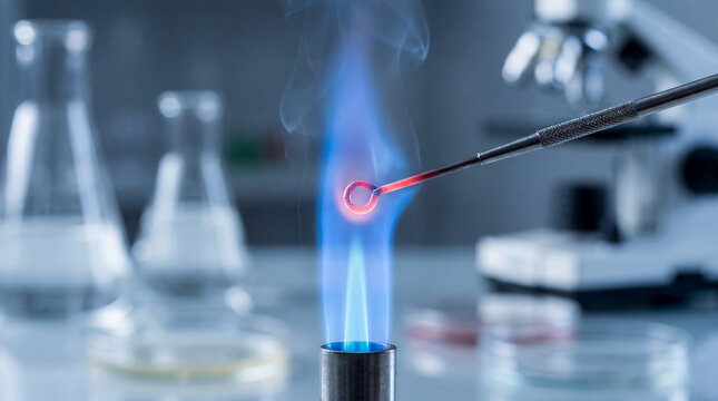 flame burner laboratory sterilizing metal loop tool blue Bunsen sterilization microbiology workflow heating inoculation needle to ensure aseptic technique in modern biology and chemistry research