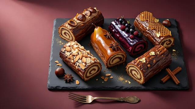 Assortiment de b&ucirc;ches de No&euml;l gourmandes sur ardoise : marron, caramel-poires, fruits rouges, miel, amande, pr&eacute;sentation festive