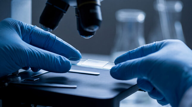 scientist nitrile gloves examining microscope slide laboratory research close-up of careful hands placing specimen under optical instrument for biology microbiology and pathology investigation