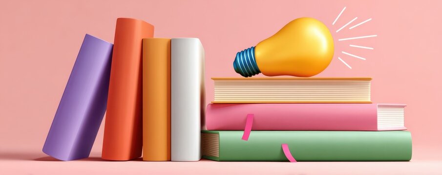 Stack of colorful books with glowing yellow lightbulb symbolizing idea, learning and creativity