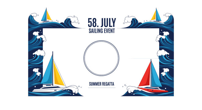 Summer Regatta Sailing Event Poster Frame with Boats and Ocean Waves