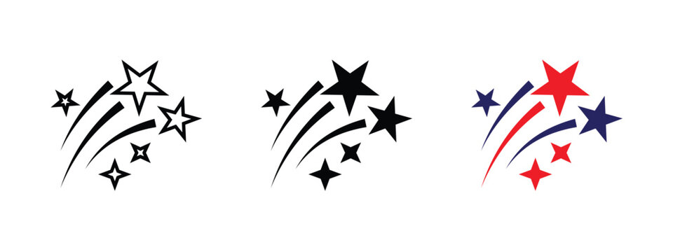 Three variations of shooting star icons featuring clean lines and bold shapes for graphic design projects