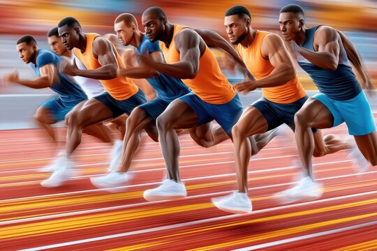Group of male sprinters racing on track showing speed, power and intense athletic competition